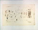 Artist: MACQUEEN, Mary | Title: Street scene, Carlton | Date: 1959 | Technique: lithograph, printed in brown ink, from one plate | Copyright: Courtesy Paulette Calhoun, for the estate of Mary Macqueen