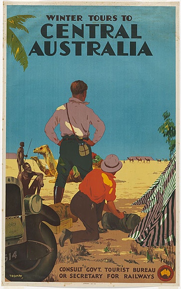 Artist: b'TROMPF, Percy' | Title: b'Winter tours to Central Australia.' | Date: c.1935 | Technique: b'lithograph, printed in colour, from multiple stones' Artist: b'TROMPF, Percy' | Title: b'Winter tours to Central Australia.' | Date: c.1935 | Technique: b'lithograph, printed in colour, from multiple stones'