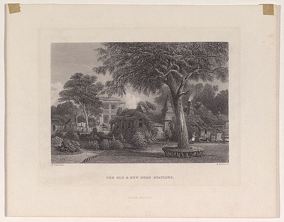 Artist: b'Willmore, A.' | Title: b'The old and new home stations.' | Date: 1873-76 | Technique: b'engraving, printed in black ink, from one steel plate' Artist: b'Willmore, A.' | Title: b'The old and new home stations.' | Date: 1873-76 | Technique: b'engraving, printed in black ink, from one steel plate'