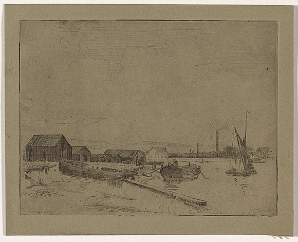 Artist: b'Bell, George..' | Title: b'(River with boats and buildings).' | Date: c.1912 | Technique: b'etching, printed in black ink, from one plate' Artist: b'Bell, George..' | Title: b'(River with boats and buildings).' | Date: c.1912 | Technique: b'etching, printed in black ink, from one plate'