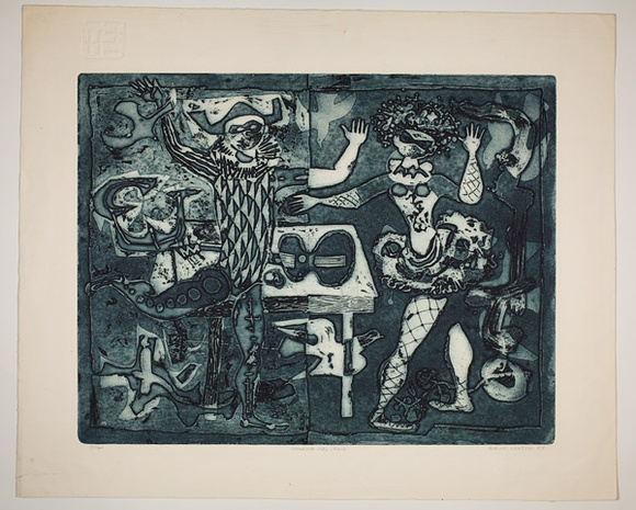 Artist: b'Haxton, Elaine' | Title: b'Commedia del arte' | Date: 1967 | Technique: b'open-bite etching and aquatint, printed in blue ink' Artist: b'Haxton, Elaine' | Title: b'Commedia del arte' | Date: 1967 | Technique: b'open-bite etching and aquatint, printed in blue ink'