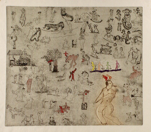 Artist: b'Shearer, Mitzi.' | Title: b'Bulliwutzies I' | Date: 1980 | Technique: b'etching, printed in brown and black ink, from one plate, hand-coloured' Artist: b'Shearer, Mitzi.' | Title: b'Bulliwutzies I' | Date: 1980 | Technique: b'etching, printed in brown and black ink, from one plate, hand-coloured'