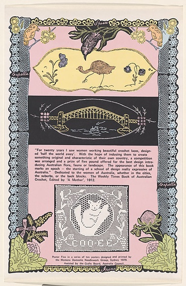 Artist: bWomen's Domestic Needlework Group. | Title: b'For twenty years' | Date: 1979 | Technique: b'screenprint, printed in colour, from multiple stencils' Artist: bWomen's Domestic Needlework Group. | Title: b'For twenty years' | Date: 1979 | Technique: b'screenprint, printed in colour, from multiple stencils'