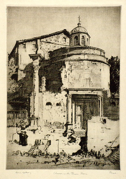 Artist: b'LINDSAY, Lionel' | Title: b'A Church in the Roman Forum' | Date: 1927 | Technique: b'drypoint, printed in brown ink with plate-tone, from one plate' | Copyright: b'Courtesy of the National Library of Australia' Artist: b'LINDSAY, Lionel' | Title: b'A Church in the Roman Forum' | Date: 1927 | Technique: b'drypoint, printed in brown ink with plate-tone, from one plate' | Copyright: b'Courtesy of the National Library of Australia'