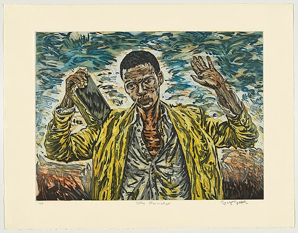 Title: b'The preacher' | Date: 2001 | Technique: b'hardground etching, sugar-lift and aquatint, printed in colour, from two copper plates; inked a-la-poupee'