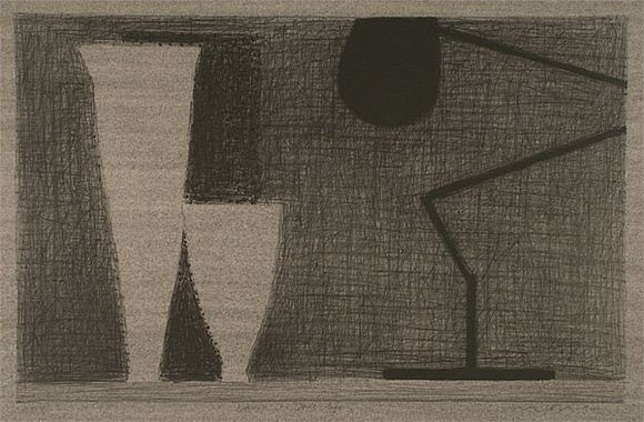 Artist: b'Lincoln, Kevin.' | Title: b'Lamp and still life' | Date: 1994 | Technique: b'lithograph, printed in black ink, from one stone' Artist: b'Lincoln, Kevin.' | Title: b'Lamp and still life' | Date: 1994 | Technique: b'lithograph, printed in black ink, from one stone'