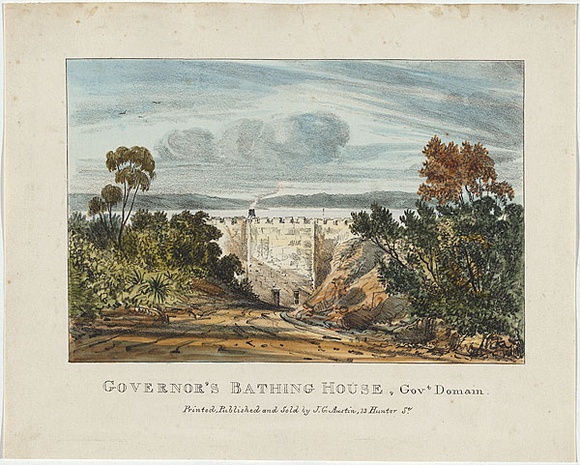 Artist: b'Russell, Robert.' | Title: bGovernor's Bathing House, Government Domain. | Date: 1836 | Technique: b'lithograph, printed in black ink, from one stone; hand-coloured' Artist: b'Russell, Robert.' | Title: bGovernor's Bathing House, Government Domain. | Date: 1836 | Technique: b'lithograph, printed in black ink, from one stone; hand-coloured'