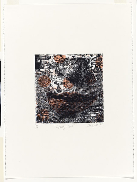 Artist: b'SHIMMEN, Heather' | Title: b'Beauty spot.' | Date: 1999 | Technique: b'linocut, printed in colour, from multiple blocks' | Copyright: b'\xc2\xa9 Heather Shimmen' Artist: b'SHIMMEN, Heather' | Title: b'Beauty spot.' | Date: 1999 | Technique: b'linocut, printed in colour, from multiple blocks' | Copyright: b'\xc2\xa9 Heather Shimmen'