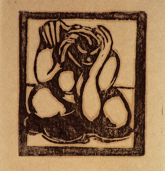 Artist: b'Stephen, Clive.' | Title: b'(Nude with head in hands)' | Date: c.1950 | Technique: b'linocut, printed in black ink, from one block' Artist: b'Stephen, Clive.' | Title: b'(Nude with head in hands)' | Date: c.1950 | Technique: b'linocut, printed in black ink, from one block'