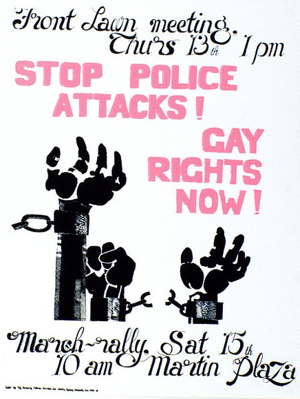 Artist: b'Ad Hoc.' | Title: b'Stop police attacks! Gay rights now!.' | Date: 1979, July | Technique: b'screenprint, printed in colour, from three stencils' Artist: b'Ad Hoc.' | Title: b'Stop police attacks! Gay rights now!.' | Date: 1979, July | Technique: b'screenprint, printed in colour, from three stencils'