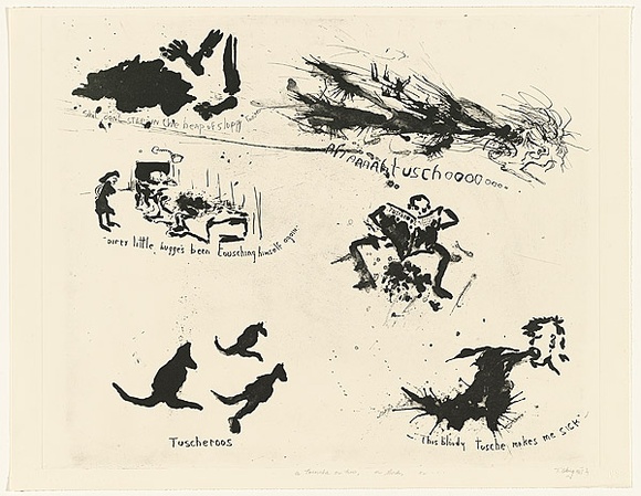 Title: b'A tousche or two, or three, or...' | Date: 1987 | Technique: b'etching and aquatint, printed in black ink, from one plate' Title: b'A tousche or two, or three, or...' | Date: 1987 | Technique: b'etching and aquatint, printed in black ink, from one plate'