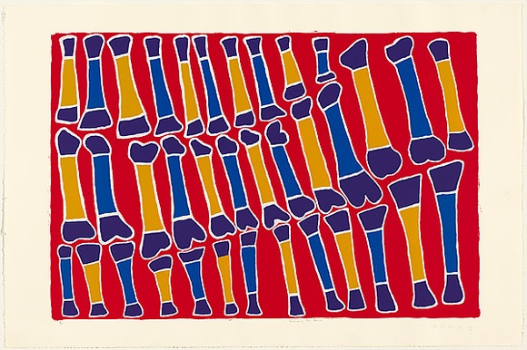 Artist: b'Burra Burra, Sambo.' | Title: b'Ceremony for bones' | Date: 2002 | Technique: b'screenprint, printed in colour, from multiple stencils' Artist: b'Burra Burra, Sambo.' | Title: b'Ceremony for bones' | Date: 2002 | Technique: b'screenprint, printed in colour, from multiple stencils'