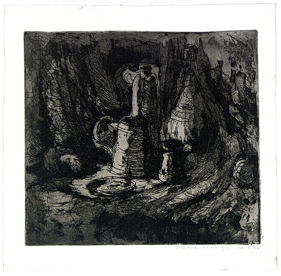 Artist: b'MACQUEEN, Mary' | Title: b'Still life with pewter' | Date: c.1958 | Technique: b'etching, aquatint and burnishing, printed in brown ink with wiped highlights, from one plate' | Copyright: b'Courtesy Paulette Calhoun, for the estate of Mary Macqueen' Artist: b'MACQUEEN, Mary' | Title: b'Still life with pewter' | Date: c.1958 | Technique: b'etching, aquatint and burnishing, printed in brown ink with wiped highlights, from one plate' | Copyright: b'Courtesy Paulette Calhoun, for the estate of Mary Macqueen'