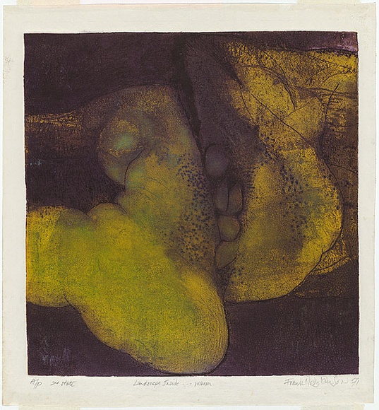 Artist: b'Hodgkinson, Frank.' | Title: b'Landscape inside... warm.' | Date: 1971 | Technique: b'hard ground and deep etch, printed in colour by the oil viscosity technique, from one plate' Artist: b'Hodgkinson, Frank.' | Title: b'Landscape inside... warm.' | Date: 1971 | Technique: b'hard ground and deep etch, printed in colour by the oil viscosity technique, from one plate'