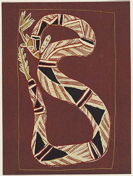 Artist: b'Bimma of the Djauan Tribe.' | Title: b'Eingana' | Date: 1956 | Technique: b'screenprint, printed in colour, from multiple stencils' Artist: b'Bimma of the Djauan Tribe.' | Title: b'Eingana' | Date: 1956 | Technique: b'screenprint, printed in colour, from multiple stencils'