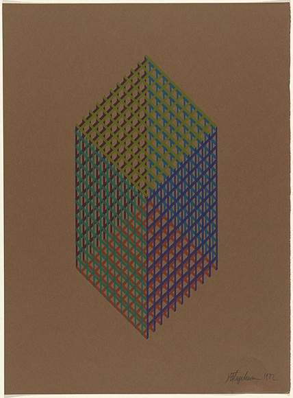 Artist: b'Flugelman, Bert.' | Title: b'(Cube in mesh).' | Date: 1972 | Technique: b'screenprint, printed in colour, from six stencils' | Copyright: b'\xc2\xa9 Bert Flugelman' Artist: b'Flugelman, Bert.' | Title: b'(Cube in mesh).' | Date: 1972 | Technique: b'screenprint, printed in colour, from six stencils' | Copyright: b'\xc2\xa9 Bert Flugelman'