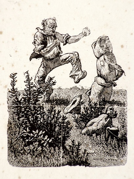 Artist: b'LINDSAY, Lionel' | Title: b'Swagman fighting swag' | Date: 1939 | Technique: b'wood-engraving, printed in black ink, from one block' | Copyright: b'Courtesy of the National Library of Australia' Artist: b'LINDSAY, Lionel' | Title: b'Swagman fighting swag' | Date: 1939 | Technique: b'wood-engraving, printed in black ink, from one block' | Copyright: b'Courtesy of the National Library of Australia'