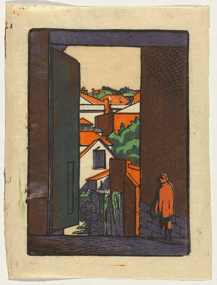 Artist: b'Cox, Roy.' | Title: b'(View through open door).' | Date: c.1932 | Technique: b'linocut, printed in colour, from mutliple blocks' Artist: b'Cox, Roy.' | Title: b'(View through open door).' | Date: c.1932 | Technique: b'linocut, printed in colour, from mutliple blocks'