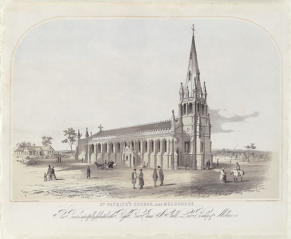 Artist: b'GILL, S.T.' | Title: bSt Patrick's Church, East Melbourne. | Date: 1854 | Technique: b'lithograph, printed in colour, from multiple stones' Artist: b'GILL, S.T.' | Title: bSt Patrick's Church, East Melbourne. | Date: 1854 | Technique: b'lithograph, printed in colour, from multiple stones'