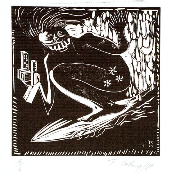Artist: b'COLEING, Tony' | Title: b'Up your bum.' | Date: 1977-79 | Technique: b'linocut, printed in brown ink, from one plate' Artist: b'COLEING, Tony' | Title: b'Up your bum.' | Date: 1977-79 | Technique: b'linocut, printed in brown ink, from one plate'