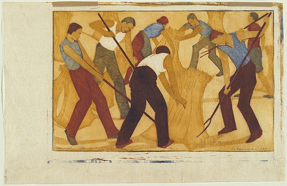 Artist: b'Spowers, Ethel.' | Title: b'Harvest' | Date: 1932 | Technique: b'linocut, printed in colour, from five blocks (light yellow ochre, darker yellow ochre, red sienna, reddish brown, light cobalt blue)' Artist: b'Spowers, Ethel.' | Title: b'Harvest' | Date: 1932 | Technique: b'linocut, printed in colour, from five blocks (light yellow ochre, darker yellow ochre, red sienna, reddish brown, light cobalt blue)'