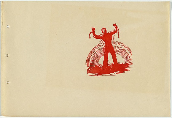 Artist: b'UNKNOWN, WORKER ARTISTS, SYDNEY, NSW' | Title: b'Not titled (man with broken chains).' | Date: 1933 | Technique: b'linocut, printed in red ink, from one block' Artist: b'UNKNOWN, WORKER ARTISTS, SYDNEY, NSW' | Title: b'Not titled (man with broken chains).' | Date: 1933 | Technique: b'linocut, printed in red ink, from one block'