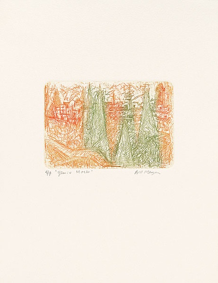 Artist: b'MEYER, Bill' | Title: b'Yemin Moshe' | Date: 1992 | Technique: b'etching, printed in orange and green ink a la poup\xc3\xa9e, from one zinc plate' | Copyright: b'\xc2\xa9 Bill Meyer' Artist: b'MEYER, Bill' | Title: b'Yemin Moshe' | Date: 1992 | Technique: b'etching, printed in orange and green ink a la poup\xc3\xa9e, from one zinc plate' | Copyright: b'\xc2\xa9 Bill Meyer'