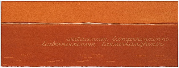 Artist: b'MADDOCK, Bea' | Title: b'Terra Spiritus...with a darker shade of pale' | Date: 1993-98 | Technique: b'stencil print, printed in hand-ground Launceston ochre from multiple hand-cut mylar stencils; letterpress text blind printed; hand-drawn script' Artist: b'MADDOCK, Bea' | Title: b'Terra Spiritus...with a darker shade of pale' | Date: 1993-98 | Technique: b'stencil print, printed in hand-ground Launceston ochre from multiple hand-cut mylar stencils; letterpress text blind printed; hand-drawn script'