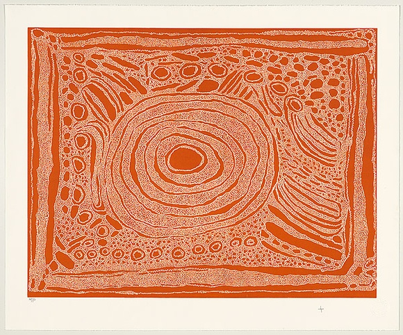 Title: b'Untitled waterholes (ochre dots)' | Date: November 2009 | Technique: b'relief print, printed in orange ink, from one lino block and one medium density fibre (MDF) board' Title: b'Untitled waterholes (ochre dots)' | Date: November 2009 | Technique: b'relief print, printed in orange ink, from one lino block and one medium density fibre (MDF) board'