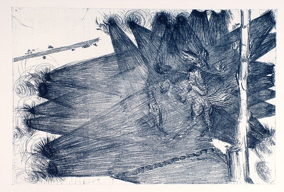 Artist: b'COLEING, Tony' | Title: b'Helping my Koala across the road.' | Date: 1986 | Technique: b'softground etching, printed in blue ink, from one plate' Artist: b'COLEING, Tony' | Title: b'Helping my Koala across the road.' | Date: 1986 | Technique: b'softground etching, printed in blue ink, from one plate'