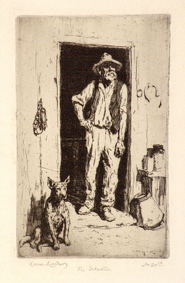 Artist: b'LINDSAY, Lionel' | Title: b'The selector' | Date: 1923 | Technique: b'etching, printed in brown ink with plate-tone, from one plate' | Copyright: b'Courtesy of the National Library of Australia' Artist: b'LINDSAY, Lionel' | Title: b'The selector' | Date: 1923 | Technique: b'etching, printed in brown ink with plate-tone, from one plate' | Copyright: b'Courtesy of the National Library of Australia'