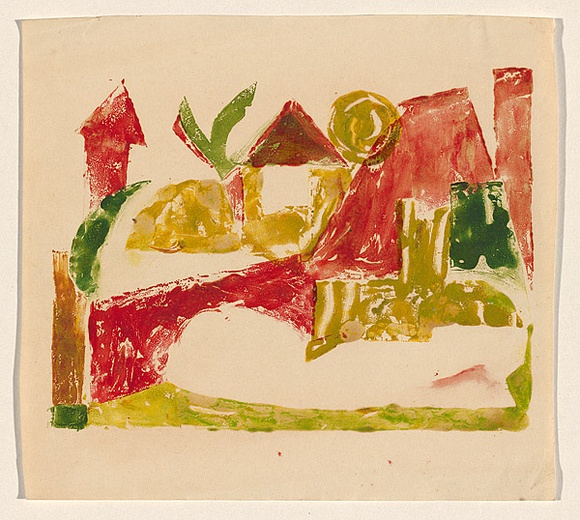 Title: b'The red bridge' | Date: c. 1955 | Technique: b'stamped print, printed in coloured ink, from multiple stamps'