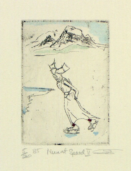 Artist: b'Speirs, Andrew.' | Title: b'Nun at speed II' | Date: 1985 | Technique: b'etching, foul biting printed in black ink, from one plate, hand-coloured' Artist: b'Speirs, Andrew.' | Title: b'Nun at speed II' | Date: 1985 | Technique: b'etching, foul biting printed in black ink, from one plate, hand-coloured'