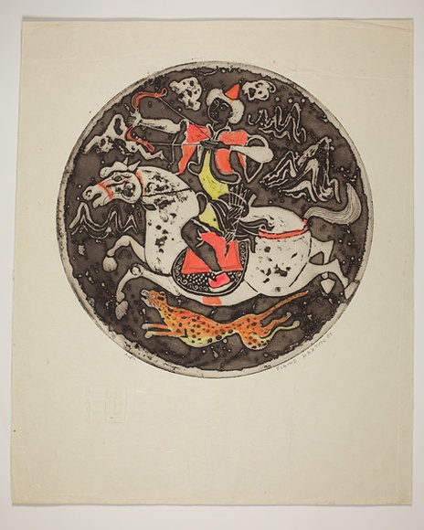 Artist: b'Haxton, Elaine' | Title: b'Huntsman' | Date: 1967 | Technique: b'open-bite etching and aquatint, printed in blue ink' Artist: b'Haxton, Elaine' | Title: b'Huntsman' | Date: 1967 | Technique: b'open-bite etching and aquatint, printed in blue ink'