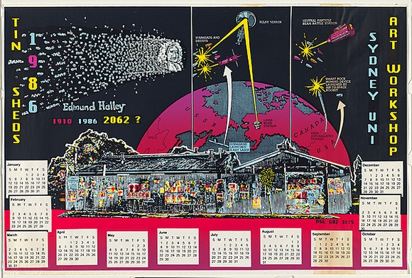 Artist: b'TIN SHEDS POSTERS' | Title: b'Tin Sheds Calendar 1986 - Edmund Halley' | Date: 1985 | Technique: b'screenprint, printed in colour, from five stencils' Artist: b'TIN SHEDS POSTERS' | Title: b'Tin Sheds Calendar 1986 - Edmund Halley' | Date: 1985 | Technique: b'screenprint, printed in colour, from five stencils'