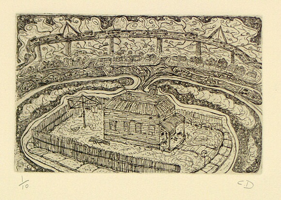 Artist: b'Drummond, Cathy.' | Title: b'House with verandah and clothesline.' | Date: c.1990 | Technique: b'etching, printed in black ink, from one plate' Artist: b'Drummond, Cathy.' | Title: b'House with verandah and clothesline.' | Date: c.1990 | Technique: b'etching, printed in black ink, from one plate'