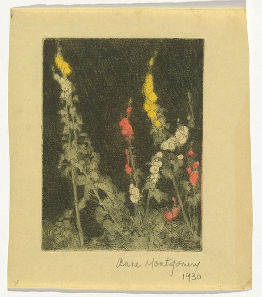 Artist: b'Montgomery, Anne.' | Title: b'(Hollyhocks)' | Date: 1930 | Technique: b'etching, printed in colour with plate-tone, from plate' Artist: b'Montgomery, Anne.' | Title: b'(Hollyhocks)' | Date: 1930 | Technique: b'etching, printed in colour with plate-tone, from plate'