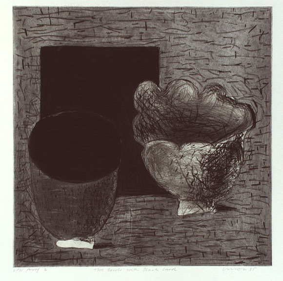 Artist: b'Lincoln, Kevin.' | Title: b'Two bowls with black card' | Date: 1985 | Technique: b'etching, printed in black ink, with plate-tone, from one plate' Artist: b'Lincoln, Kevin.' | Title: b'Two bowls with black card' | Date: 1985 | Technique: b'etching, printed in black ink, with plate-tone, from one plate'