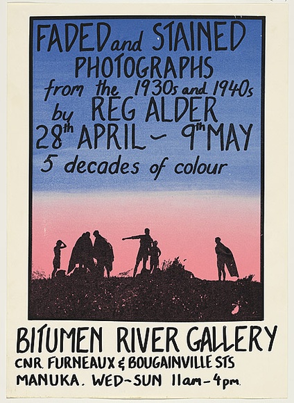 Title: b'Faded and stained photographs from the 1930s and 1940s by Reg Alder - Bitumen River Gallery.' | Date: 1982 | Technique: b'screenprint, printed in colour, from two stencils' | Copyright: b'\xc2\xa9 Reg Alder' Title: b'Faded and stained photographs from the 1930s and 1940s by Reg Alder - Bitumen River Gallery.' | Date: 1982 | Technique: b'screenprint, printed in colour, from two stencils' | Copyright: b'\xc2\xa9 Reg Alder'