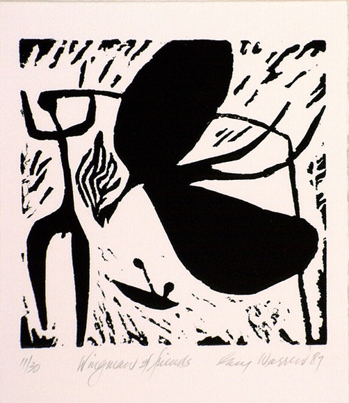 Artist: b'Warren, Guy.' | Title: b'Wing man and friends.' | Date: 1987 | Technique: b'linocut, printed in black ink, from one block' Artist: b'Warren, Guy.' | Title: b'Wing man and friends.' | Date: 1987 | Technique: b'linocut, printed in black ink, from one block'
