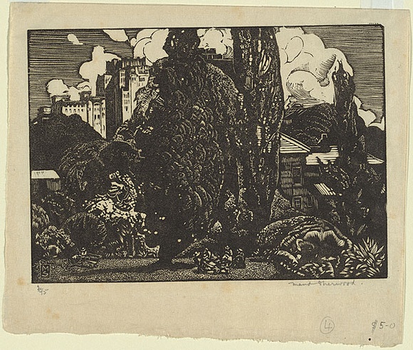 Artist: b'Sherwood, Maud.' | Title: b'Macquarie Street from the Gardens.' | Date: 1934 | Technique: b'wood-engraving, printed in black ink, from one block' Artist: b'Sherwood, Maud.' | Title: b'Macquarie Street from the Gardens.' | Date: 1934 | Technique: b'wood-engraving, printed in black ink, from one block'