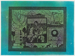 Title: Pearling industry | Date: 1994 | Technique: linocut, printed in black ink, from one block; hand-coloured