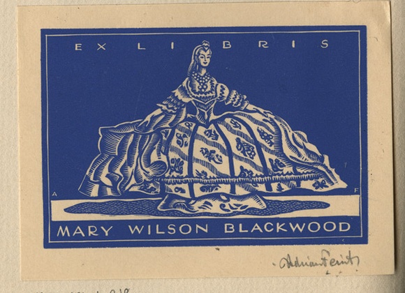 Artist: b'FEINT, Adrian' | Title: b'Bookplate: Mary Wilson Blackwood.' | Date: 1934 | Technique: b'wood-engraving, printed in blue ink, from one block' | Copyright: b'Courtesy the Estate of Adrian Feint' Artist: b'FEINT, Adrian' | Title: b'Bookplate: Mary Wilson Blackwood.' | Date: 1934 | Technique: b'wood-engraving, printed in blue ink, from one block' | Copyright: b'Courtesy the Estate of Adrian Feint'
