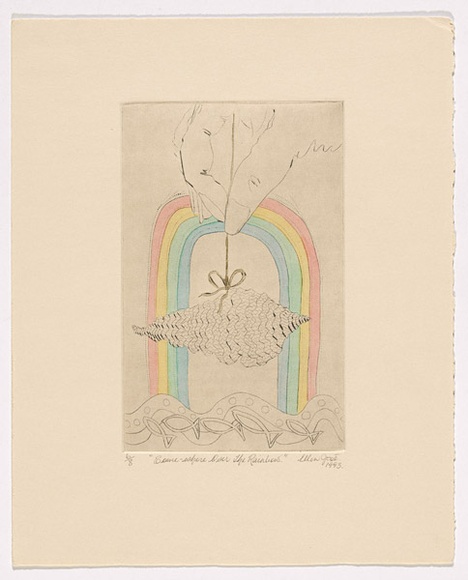 Artist: b'JOSE, Ellen' | Title: b'Some-where over the rainbow.' | Date: 1993 | Technique: b'etching and drypoint, printed in black ink with plate-tone, from one plate; hand-coloured with gold paint' Artist: b'JOSE, Ellen' | Title: b'Some-where over the rainbow.' | Date: 1993 | Technique: b'etching and drypoint, printed in black ink with plate-tone, from one plate; hand-coloured with gold paint'