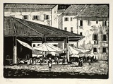 Artist: b'Owen, Gladys.' | Title: b'Greeting card: (Mediterranean village street market)' | Date: c.1933 | Technique: b'wood-engraving, printed in black ink, from one block' | Copyright: b'\xc2\xa9 Estate of David Moore'