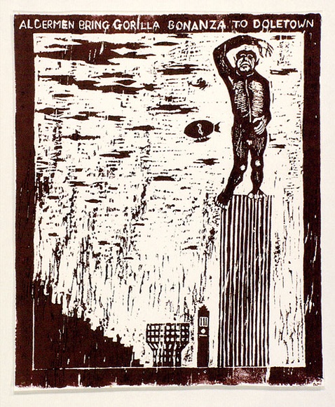 Artist: b'MACKELL, Kim' | Title: b'Aldermen bring gorilla bonanza to Doletown' | Date: 1988 | Technique: b'woodcut' Artist: b'MACKELL, Kim' | Title: b'Aldermen bring gorilla bonanza to Doletown' | Date: 1988 | Technique: b'woodcut'