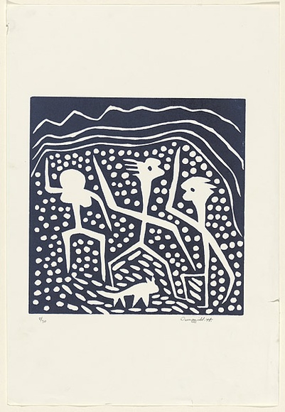 Artist: b'Deeaggadditt Phillips, Dennis.' | Title: b'Munmu' | Technique: b'linocut, printed in dark blue ink, from one block' Artist: b'Deeaggadditt Phillips, Dennis.' | Title: b'Munmu' | Technique: b'linocut, printed in dark blue ink, from one block'