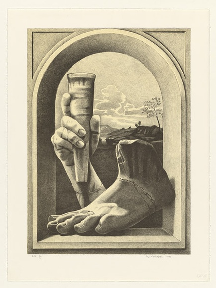 Artist: b'Wadelton, David.' | Title: b'Still life - hand and foot' | Date: 1996, October | Technique: b'lithograph, printed in black ink, from one stone; with cream tint' Artist: b'Wadelton, David.' | Title: b'Still life - hand and foot' | Date: 1996, October | Technique: b'lithograph, printed in black ink, from one stone; with cream tint'