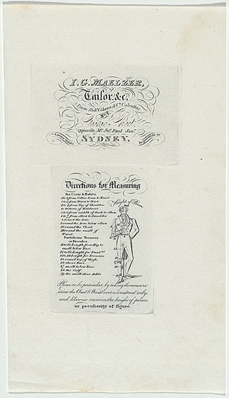 Artist: b'UNKNOWN ENGRAVER,' | Title: b'Trade card: I.G. Maelzer, Tailor. Directions for measuring' | Date: 1835 | Technique: b'engraving, printed in black ink, from one copper plate' Artist: b'UNKNOWN ENGRAVER,' | Title: b'Trade card: I.G. Maelzer, Tailor. Directions for measuring' | Date: 1835 | Technique: b'engraving, printed in black ink, from one copper plate'