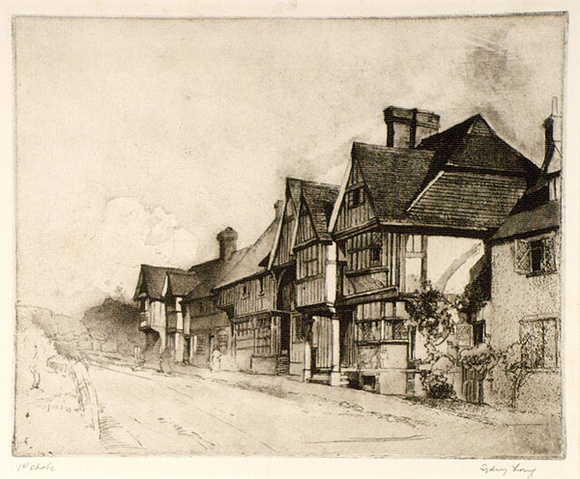 Artist: b'Long, Sydney.' | Title: b'Old houses, Chiddingstone' | Date: 1919 | Technique: b'line-etching and aquatint, printed in brown ink, from one copper plate' | Copyright: b'Reproduced with the kind permission of the Ophthalmic Research Institute of Australia' Artist: b'Long, Sydney.' | Title: b'Old houses, Chiddingstone' | Date: 1919 | Technique: b'line-etching and aquatint, printed in brown ink, from one copper plate' | Copyright: b'Reproduced with the kind permission of the Ophthalmic Research Institute of Australia'